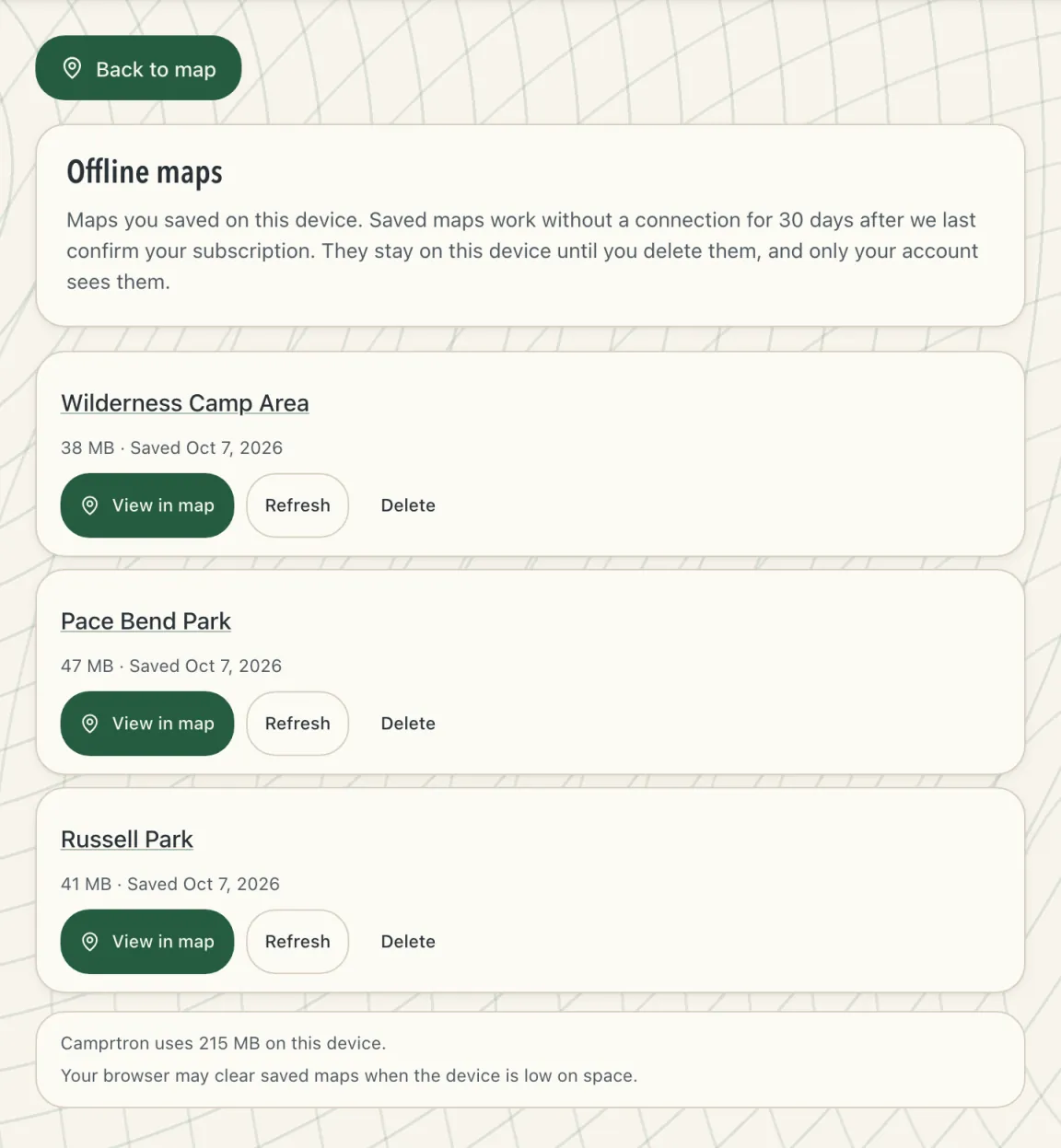 The Offline maps page in Camprtron, listing three saved maps with their size, saved date and View in map, Refresh and Delete buttons