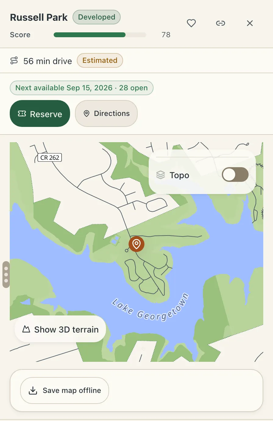A campsite panel in Camprtron with its map and the Save map offline button under it
