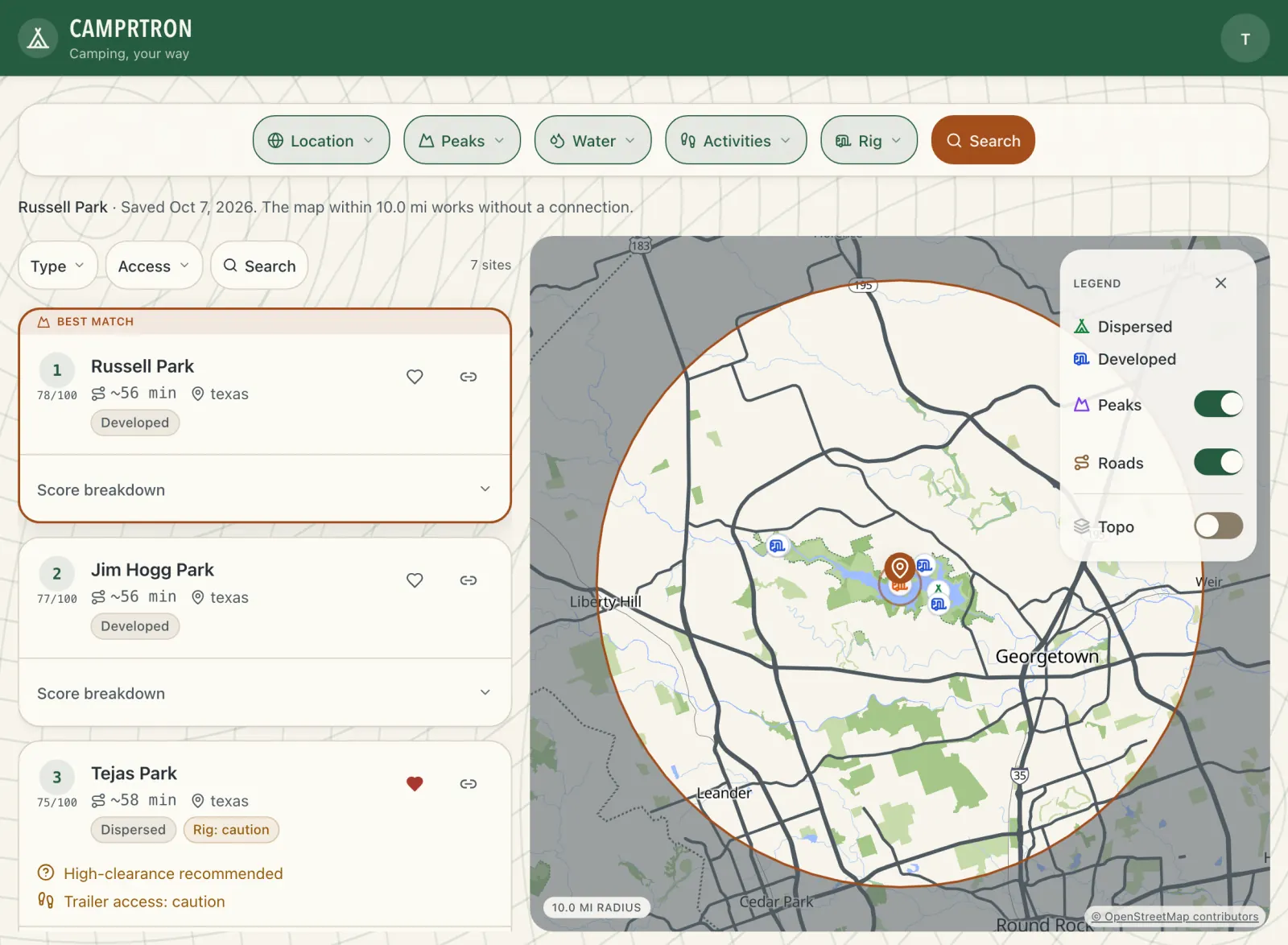A saved offline map in Camprtron: the campsites ranked in a list beside a map that shows the 10-mile saved area